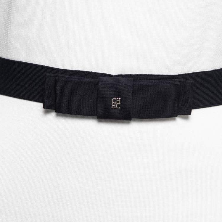 Pre Owned CH Carolina Herrera White Knit Belt Detail Round Neck Top S