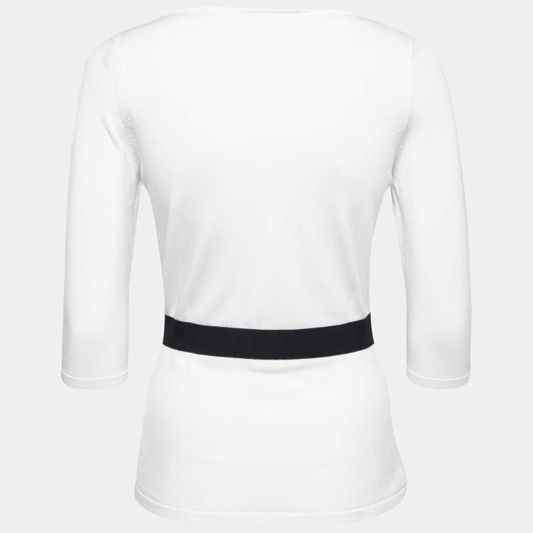 Pre Owned CH Carolina Herrera White Knit Belt Detail Round Neck Top S