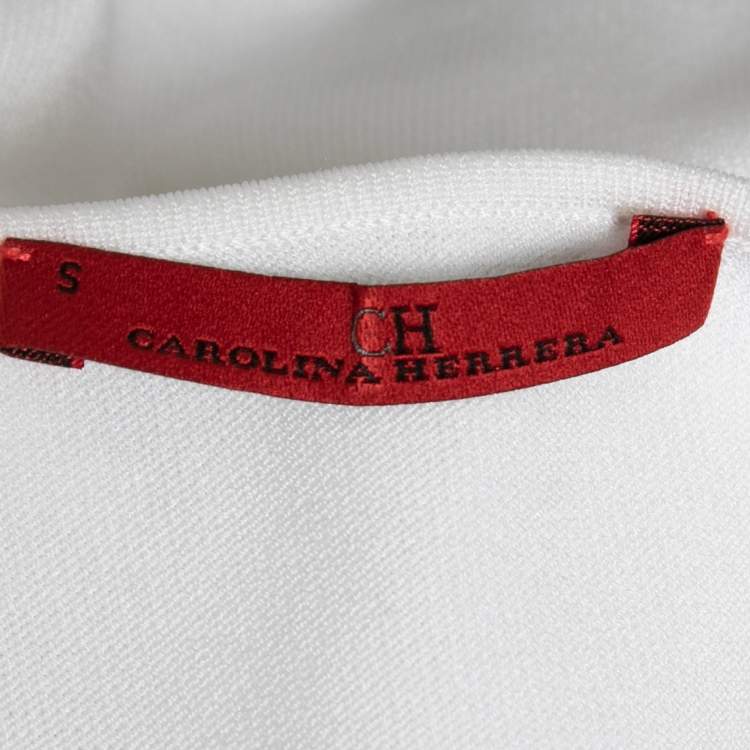 Pre Owned CH Carolina Herrera White Knit Belt Detail Round Neck Top S