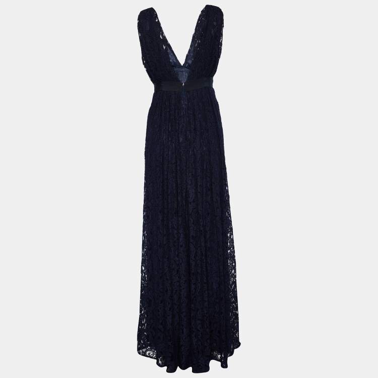 Pre Owned CH Carolina Herrera Navy Blue Floral Lace Draped Maxi Dress S