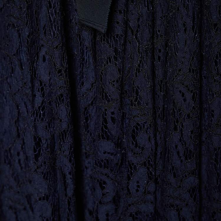 Pre Owned CH Carolina Herrera Navy Blue Floral Lace Draped Maxi Dress S