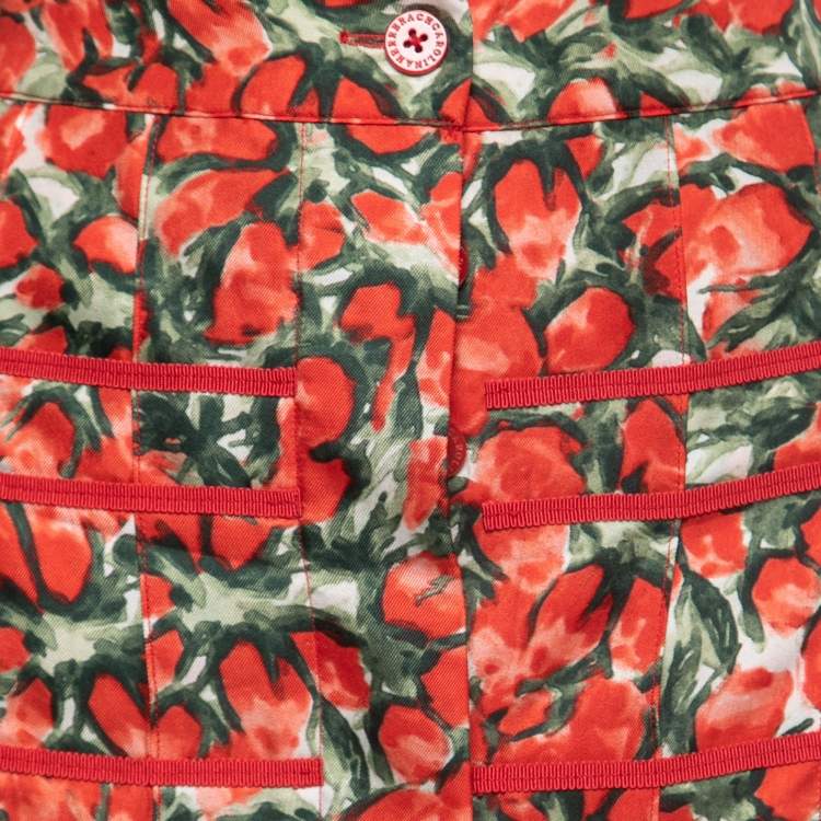 Pre Owned CH Carolina Herrera Red Strawberry Printed Silk A-Line Skirt S