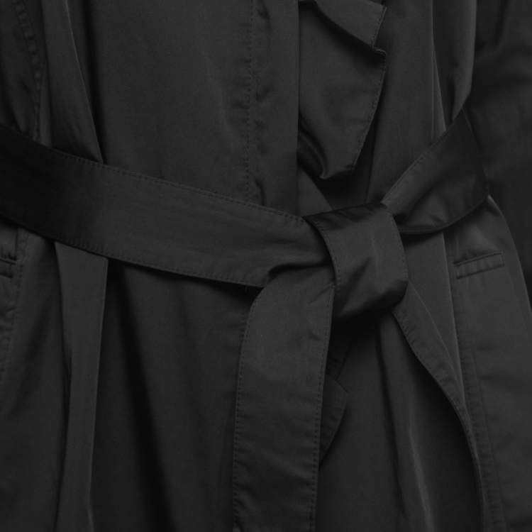 Pre Owned CH Carolina Herrera Black Cotton Ruffle Trimmed Belted Coat L