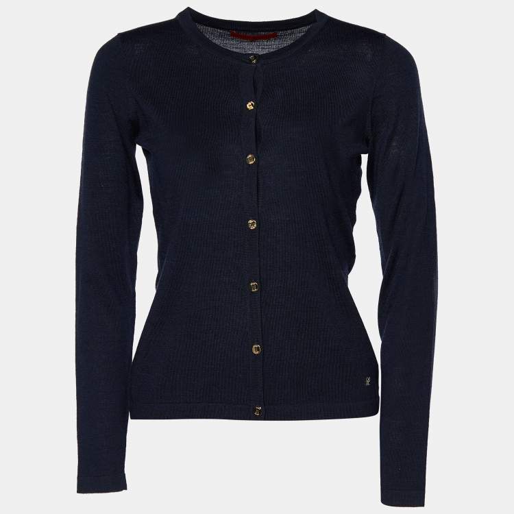 Pre Owned CH Carolina Herrera Navy Blue Knit Button Front Cardigan XS