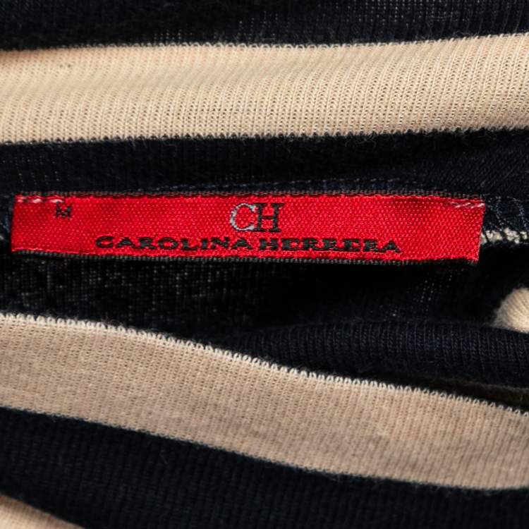 Pre Owned CH Carolina Herrera Navy Blue & Beige Striped Knit Turtleneck Top M