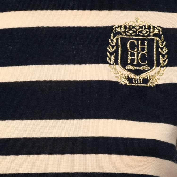 Pre Owned CH Carolina Herrera Navy Blue & Beige Striped Knit Turtleneck Top M