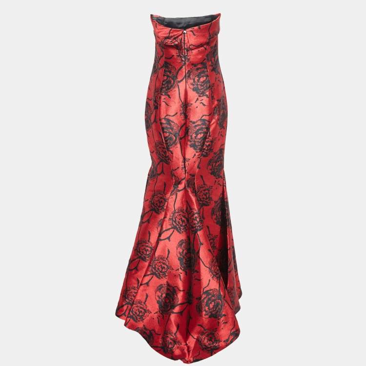 Pre Owned CH Carolina Herrera Red & Black Floral Jacquard Strapless Mermaid Gown M