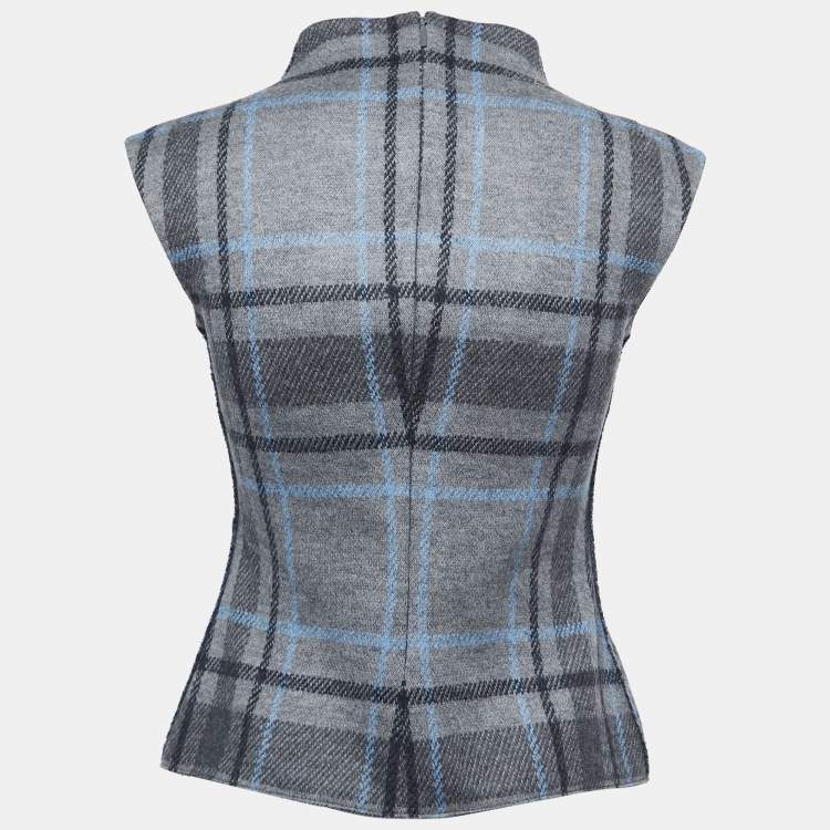 Pre Owned CH Carolina Herrera Grey Checked Patterned Wool Sleeveless Top S