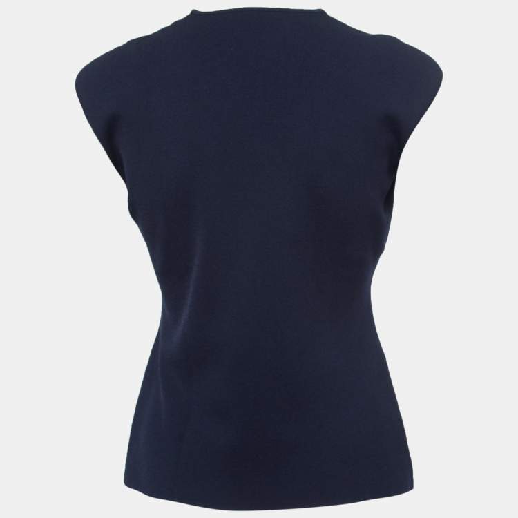Pre Owned CH Carolina Herrera Navy Blue Knit Round Neck Top M