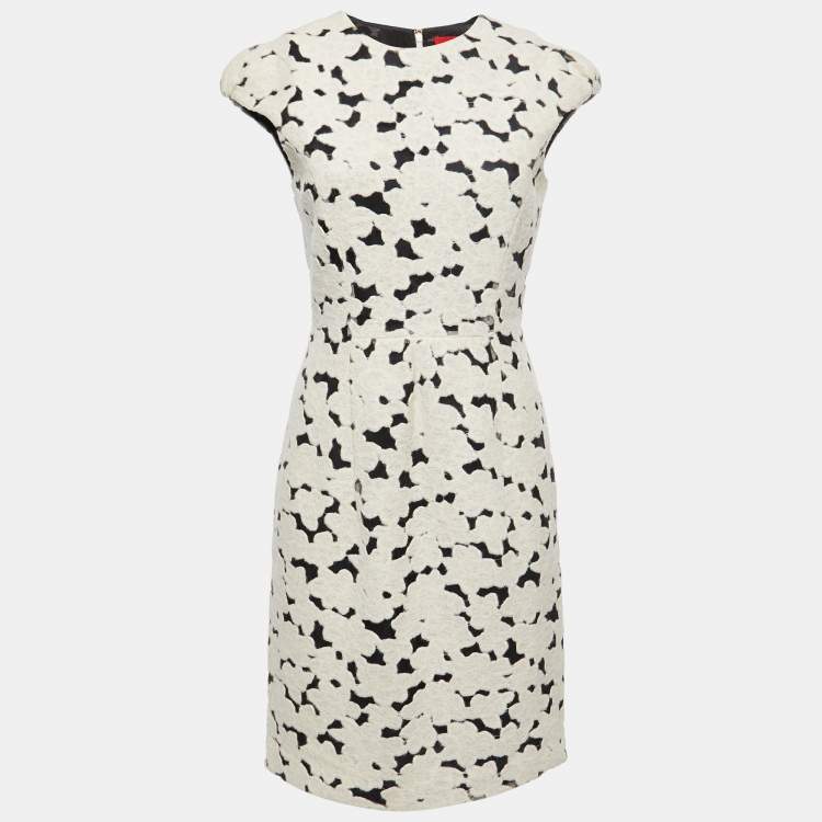 Pre Owned CH Carolina Herrera Cream/Black Wool Blend Cap Sleeve Midi Dress M
