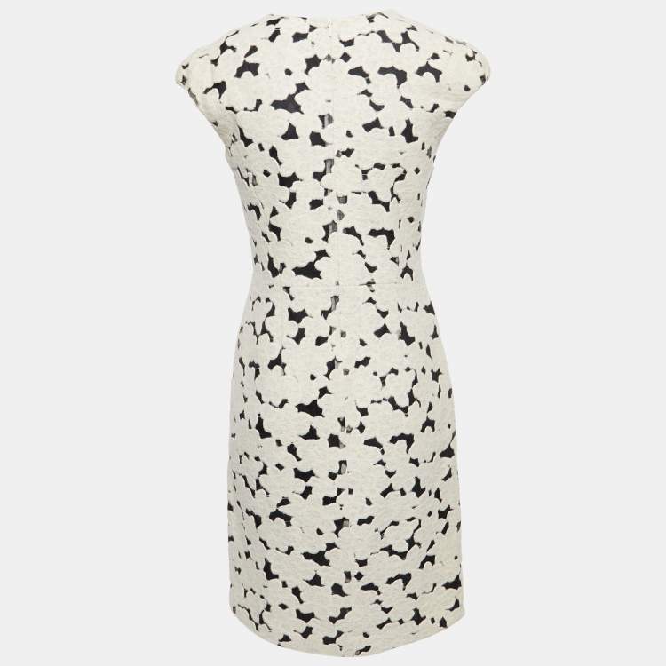 Pre Owned CH Carolina Herrera Cream/Black Wool Blend Cap Sleeve Midi Dress M