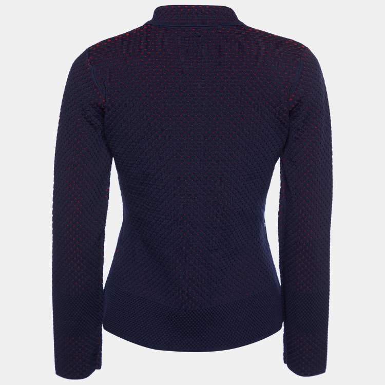 Pre Owned CH Carolina Herrera Navy Blue Jacquard Knit Zip Front Jacket S