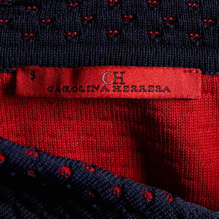 Pre Owned CH Carolina Herrera Navy Blue Jacquard Knit Zip Front Jacket S