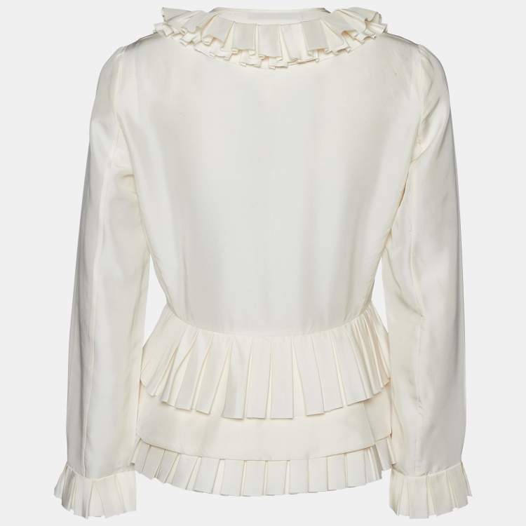 Pre Owned CH Carolina Herrera Cream Silk Pleated Ruffle Detail Top S