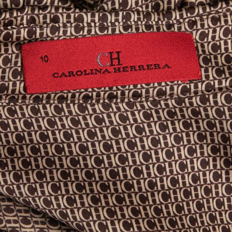 Pre Owned CH Carolina Herrera Brown Monogram Printed Silk Shirt L