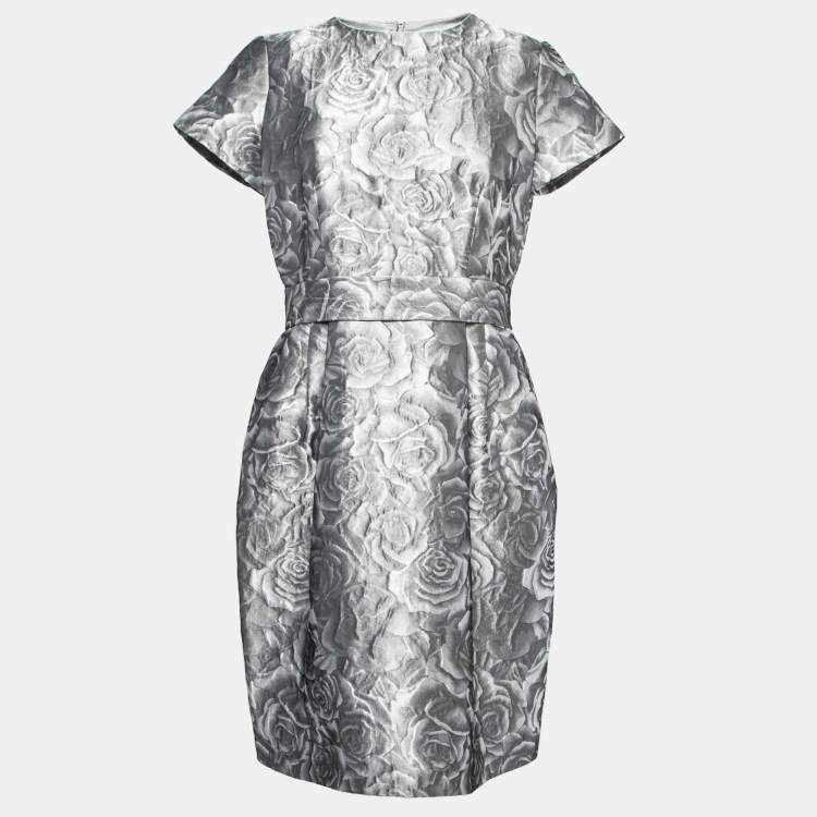 Pre Owned CH Carolina Herrera Grey Floral Embossed Jacquard Belted Knee Length Dress M