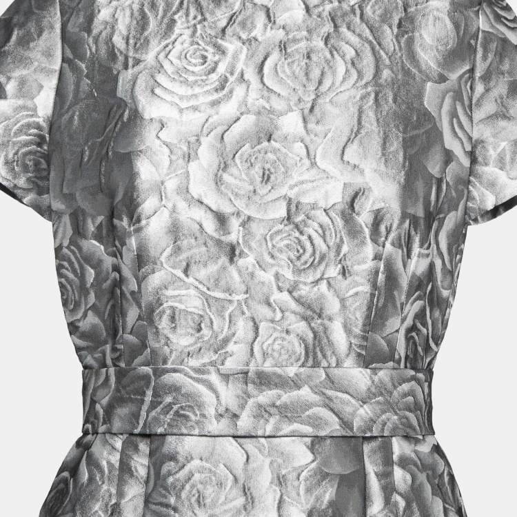 Pre Owned CH Carolina Herrera Grey Floral Embossed Jacquard Belted Knee Length Dress M