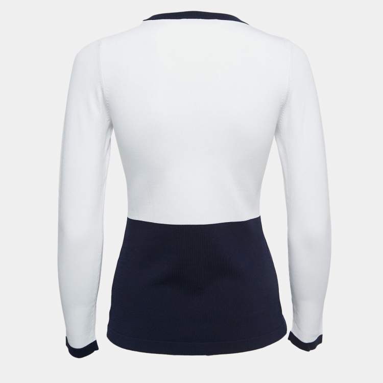 Pre Owned CH Carolina Herrera White/Navy Blue Knit Buttoned Cardigan XXS