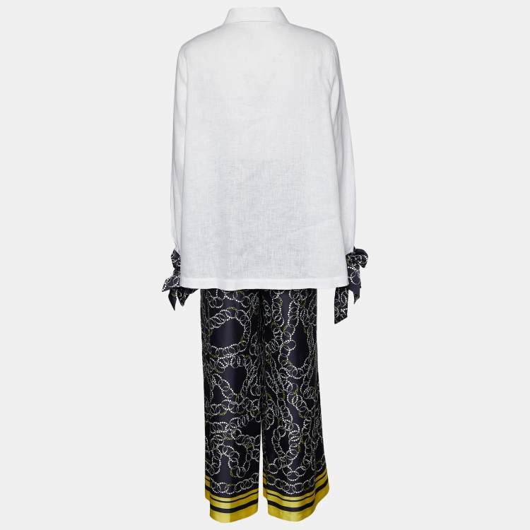 Pre Owned CH Carolina Herrera White Linen Shirt & Printed Satin Palazzo Pants Set M