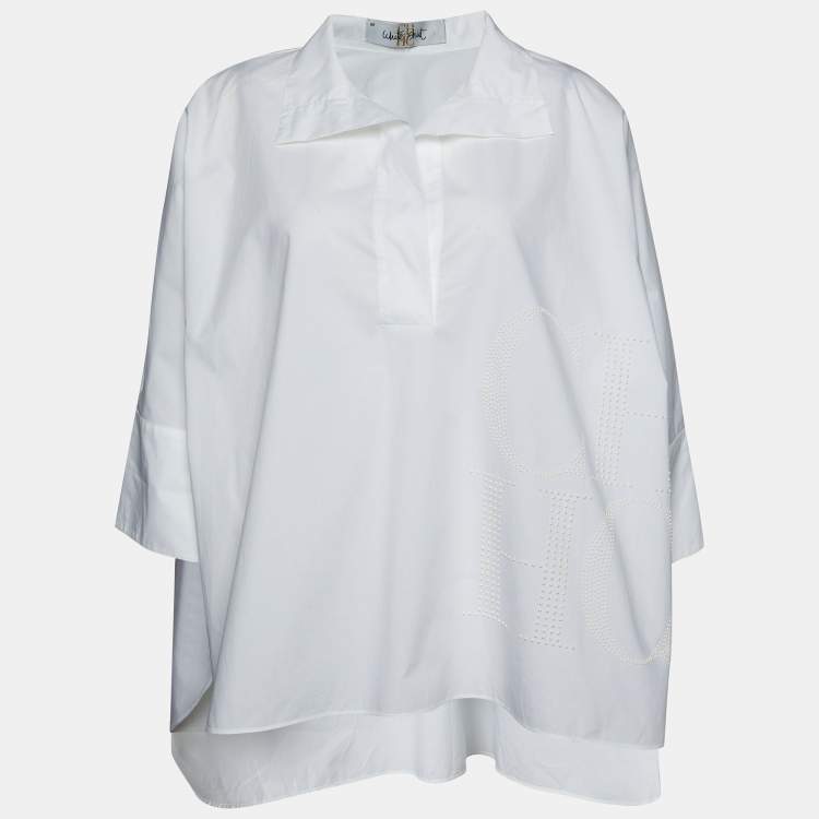 Pre Owned CH Carolina Herrera White Shirt White Cotton Logo Beaded Oversized Top M