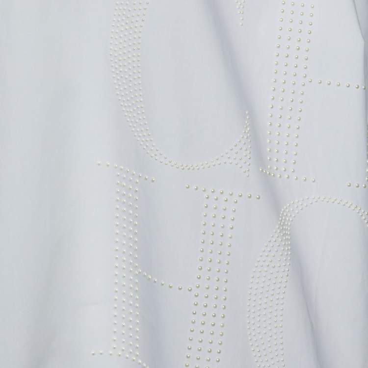 Pre Owned CH Carolina Herrera White Shirt White Cotton Logo Beaded Oversized Top M