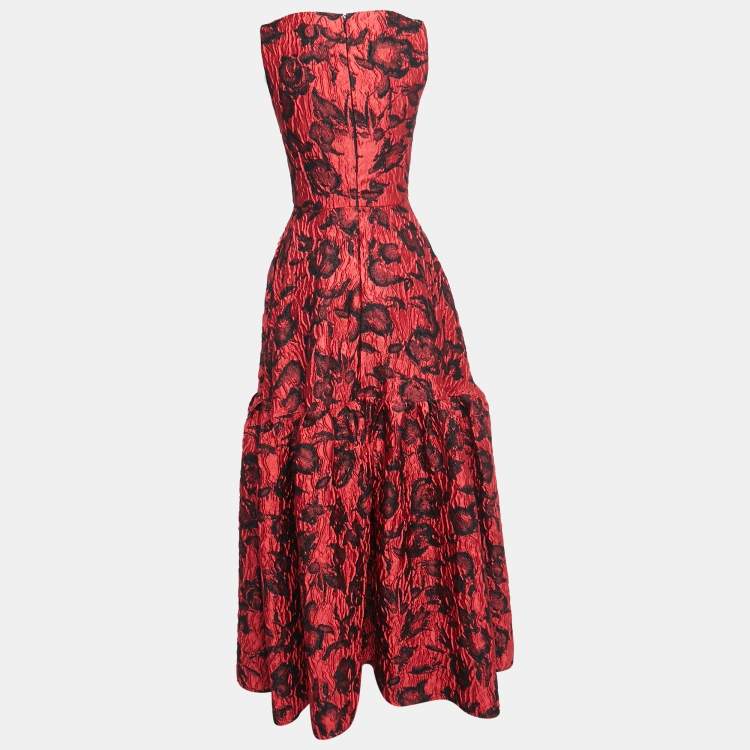 Pre Owned CH Carolina Herrera Red Floral Jacquard Sleeveless Flared Maxi Dress S