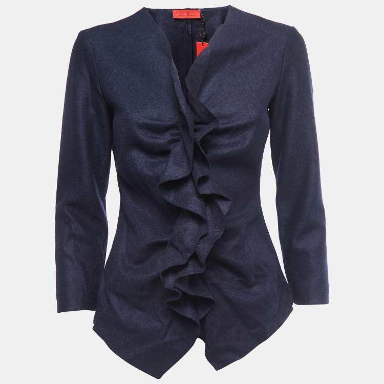 Pre Owned CH Carolina Herrera Navy Blue Wool Zip Front Draped Full Sleeve Blouse M
