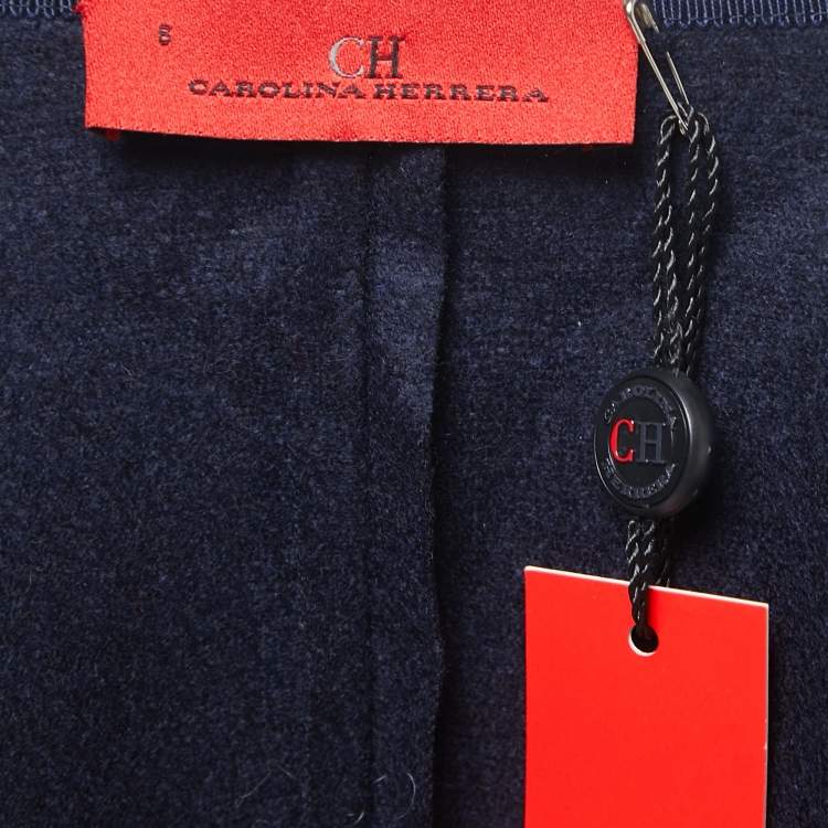 Pre Owned CH Carolina Herrera Navy Blue Wool Zip Front Draped Full Sleeve Blouse M