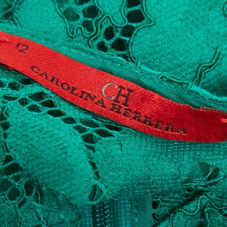 Pre Owned CH Carolina Herrera Green Floral Lace Full Sleeve Flared Midi Dress S