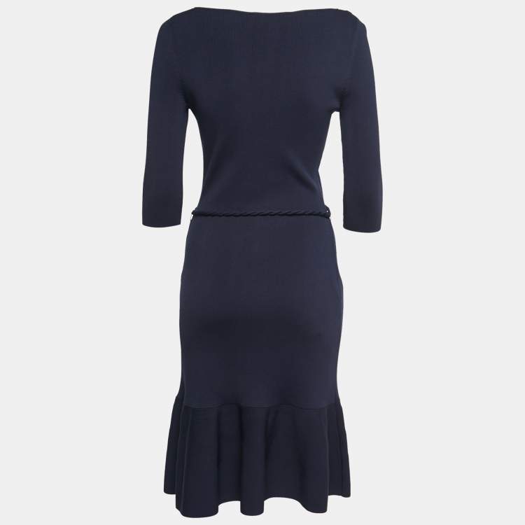 Pre Owned CH Carolina Herrera Navy Blue Knit Belted Midi Dress M
