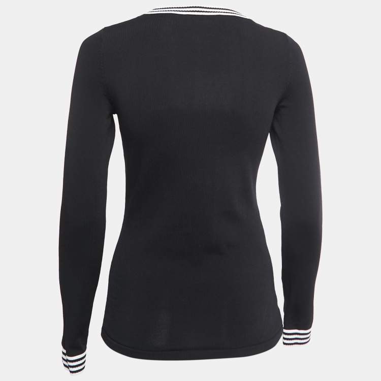 Pre Owned CH Carolina Herrera Black Jersey Bow Detail Contrast Trimmed Top XS