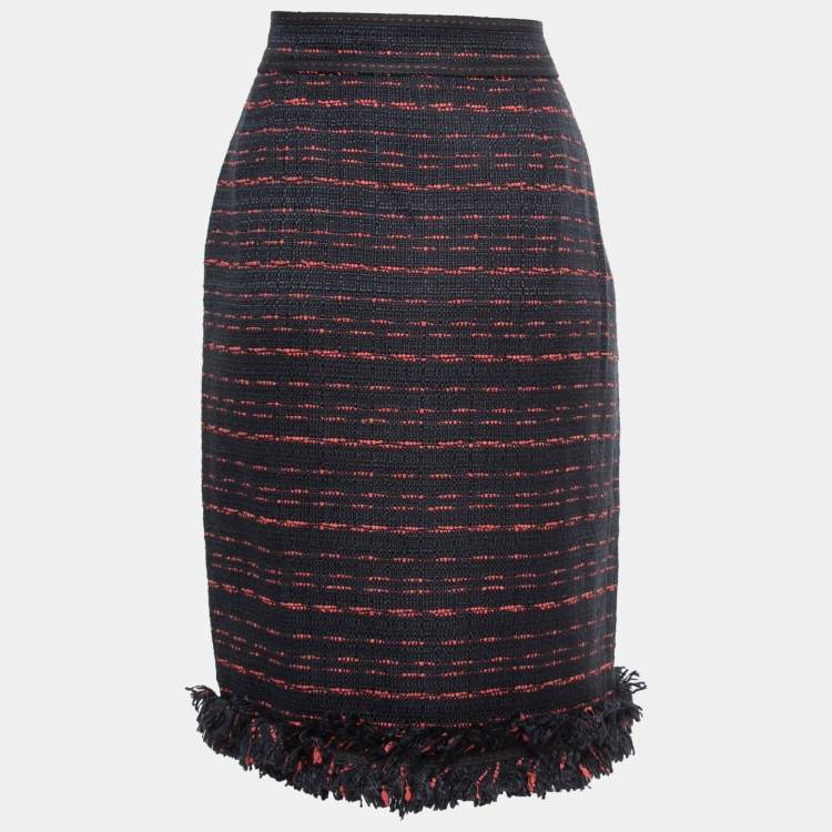 Pre Owned CH Carolina Herrera Navy Blue Tweed Zip Front Fringed Knee Length Skirt M