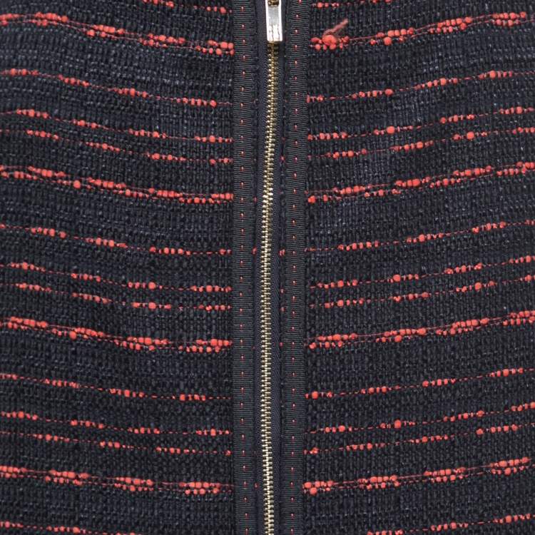 Pre Owned CH Carolina Herrera Navy Blue Tweed Zip Front Fringed Knee Length Skirt M