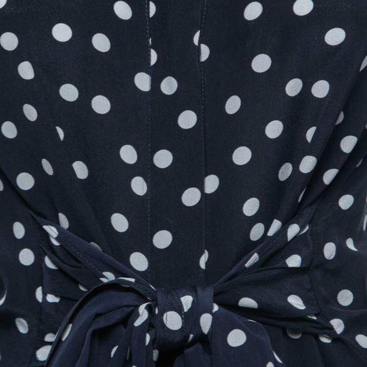 Pre Owned CH Carolina Herrera Navy Blue Polka Dot Printed Silk Waist Tie Detail Shirt S