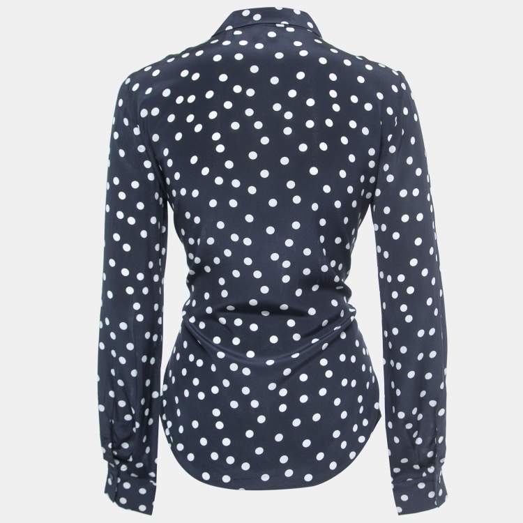 Pre Owned CH Carolina Herrera Navy Blue Polka Dot Printed Silk Waist Tie Detail Shirt S