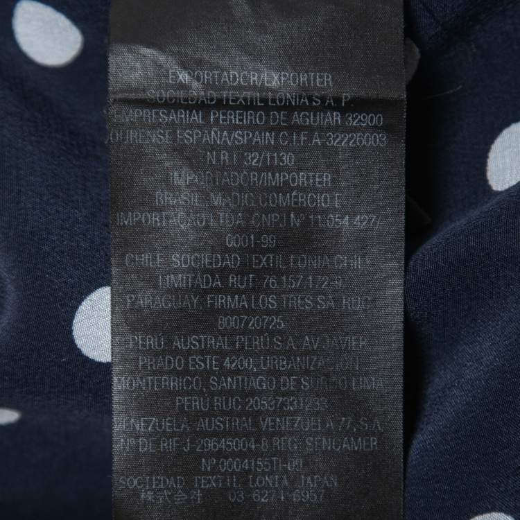 Pre Owned CH Carolina Herrera Navy Blue Polka Dot Printed Silk Waist Tie Detail Shirt S