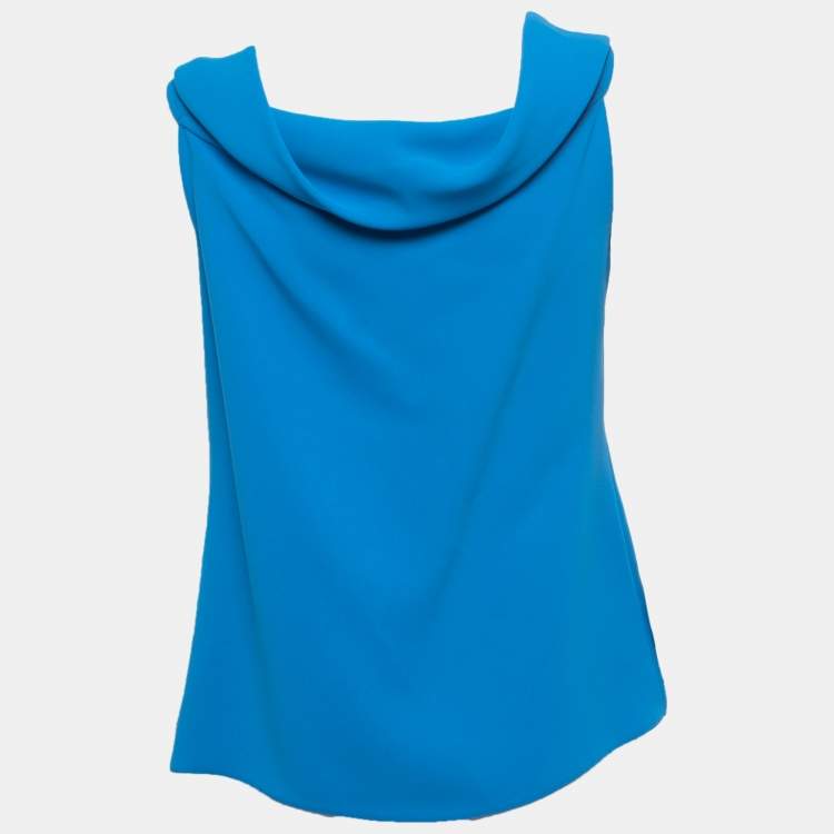 Pre Owned CH Carolina Herrera Blue Crepe Draped Sleeveless Blouse S