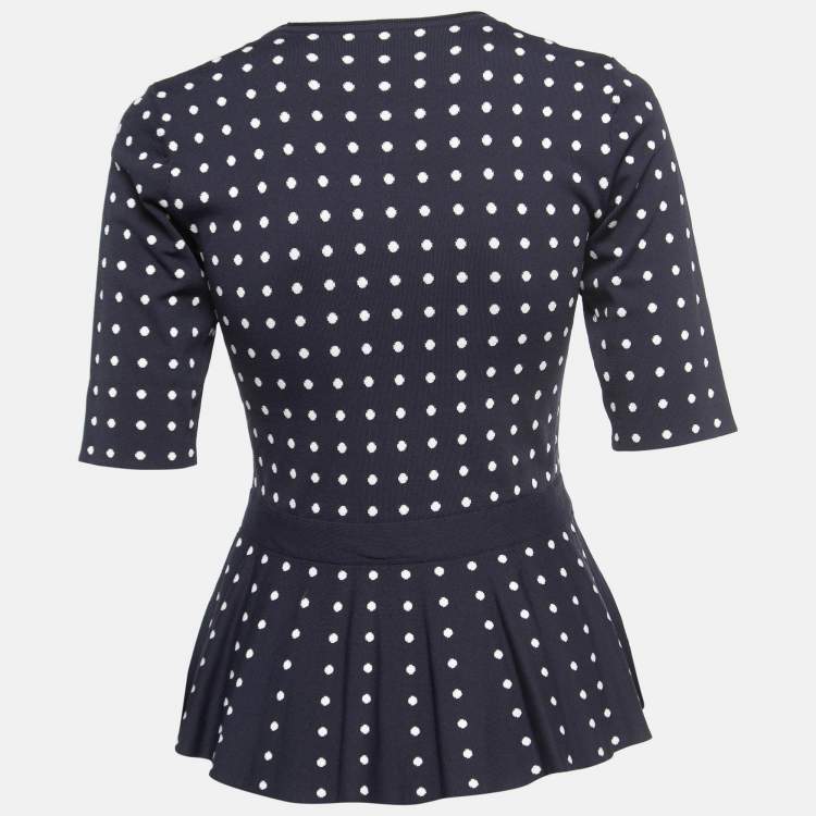 Pre Owned CH Carolina Herrera Navy Blue Dotted Knit Bow Detail Peplum Top S