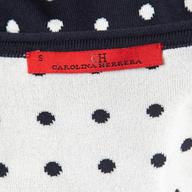 Pre Owned CH Carolina Herrera Navy Blue Dotted Knit Bow Detail Peplum Top S