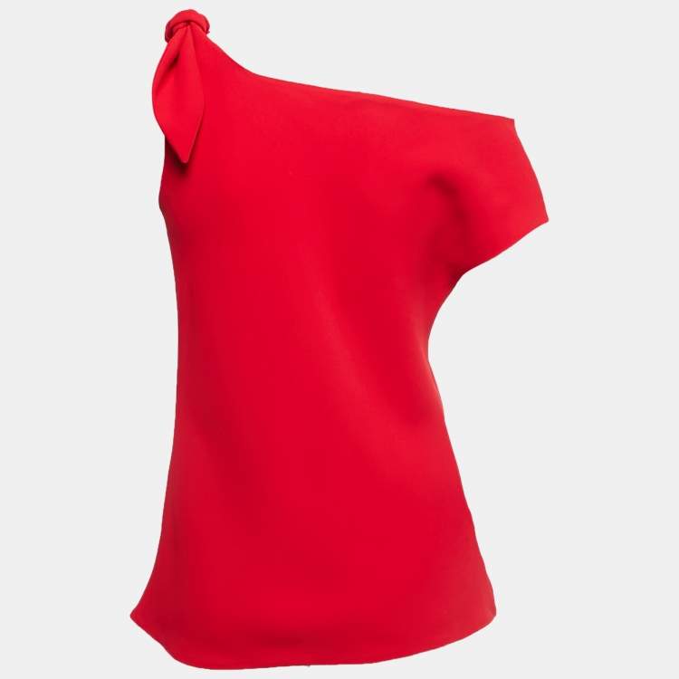 Pre Owned CH Carolina Herrera Red Crepe Knotted Sleeve Detail Top XS