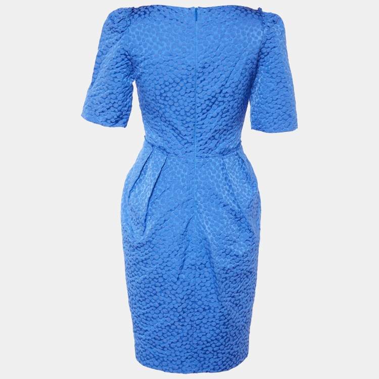 Pre Owned CH Carolina Herrera Blue Embossed Cotton Sheath Dress S