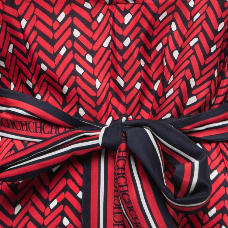 Pre Owned CH Carolina Herrera Red Printed Silk Belted Tunic Mini Dress S