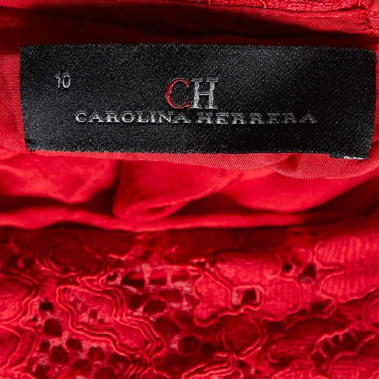 Pre Owned CH Carolina Herrera Red Lace Bell Sleeve Gown L