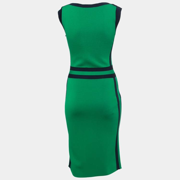 Pre Owned CH Carolina Herrera Green Knit Contrast Detailed Sleeveless Midi Dress XS
