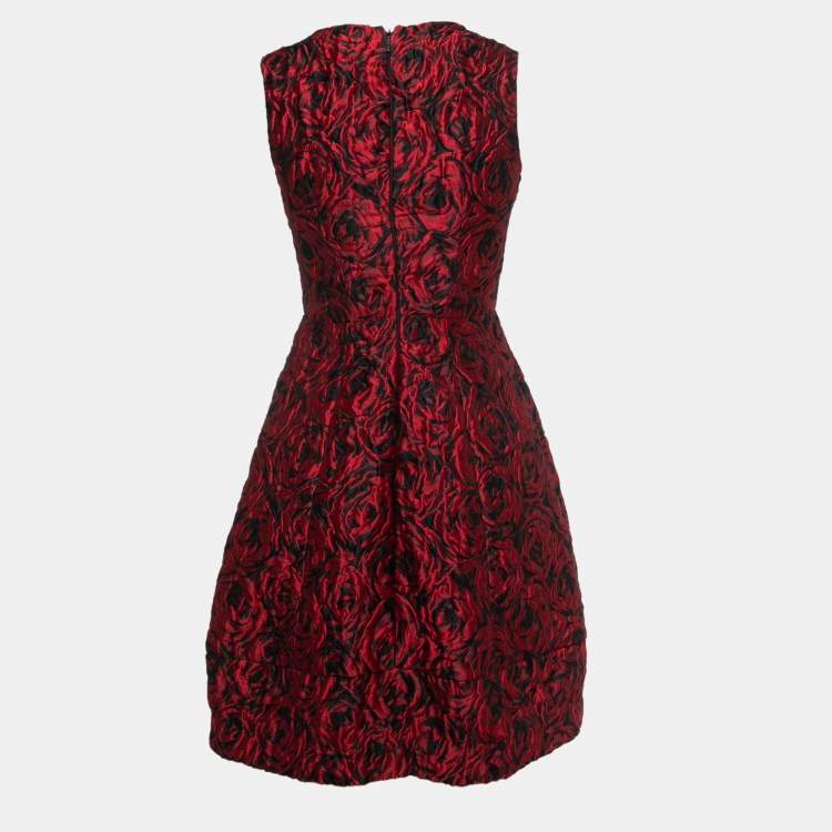 Pre Owned CH Carolina Herrera Red/Black Floral Jacquard Sleeveless Dress XS
