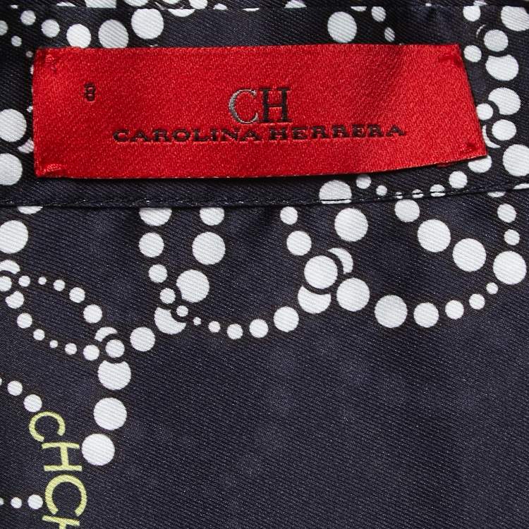 Pre Owned CH Carolina Herrera Navy Blue Printed Satin Blouse M