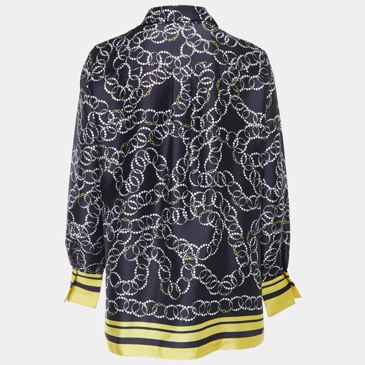 Pre Owned CH Carolina Herrera Navy Blue Printed Satin Blouse M