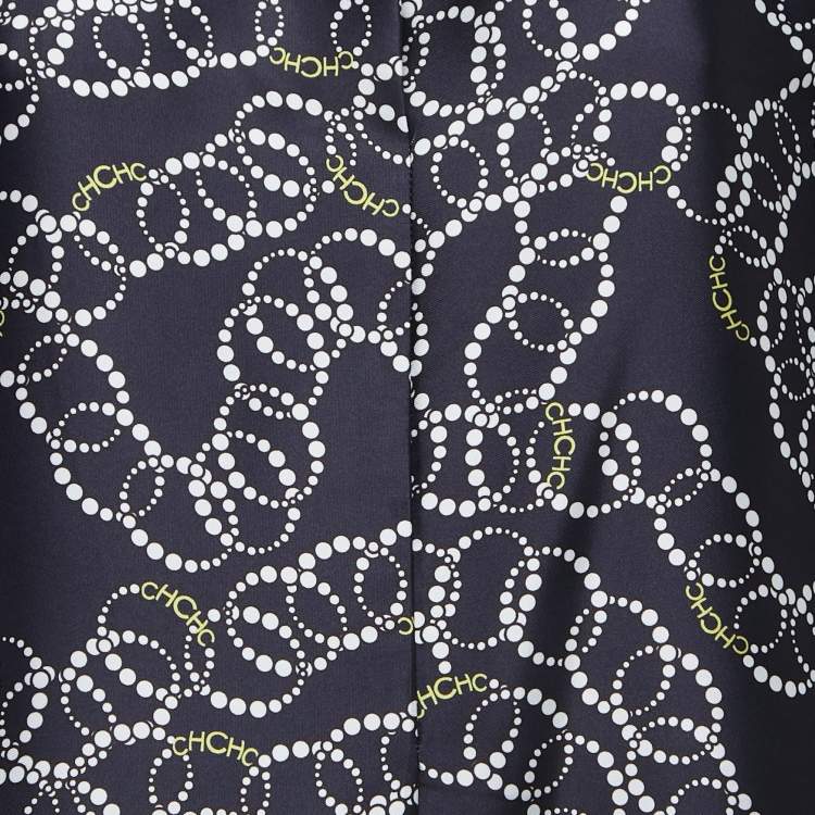 Pre Owned CH Carolina Herrera Navy Blue Printed Satin Blouse M