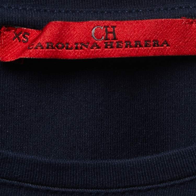 Pre Owned CH Carolina Herrera Navy Blue Logo Patch Cotton Crew Neck Short Sleeve T-Shirt XS
