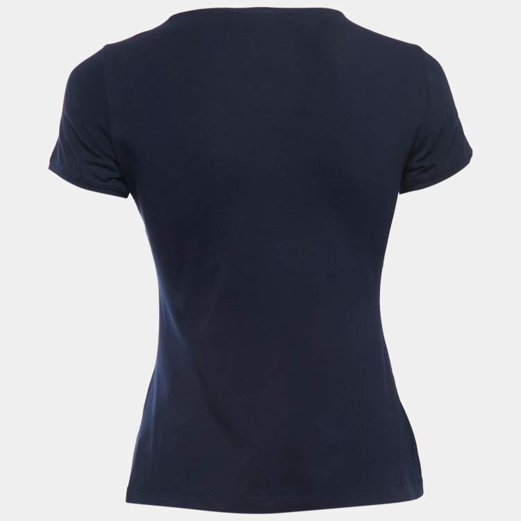 Pre Owned CH Carolina Herrera Navy Blue Logo Patch Cotton Crew Neck Short Sleeve T-Shirt XS